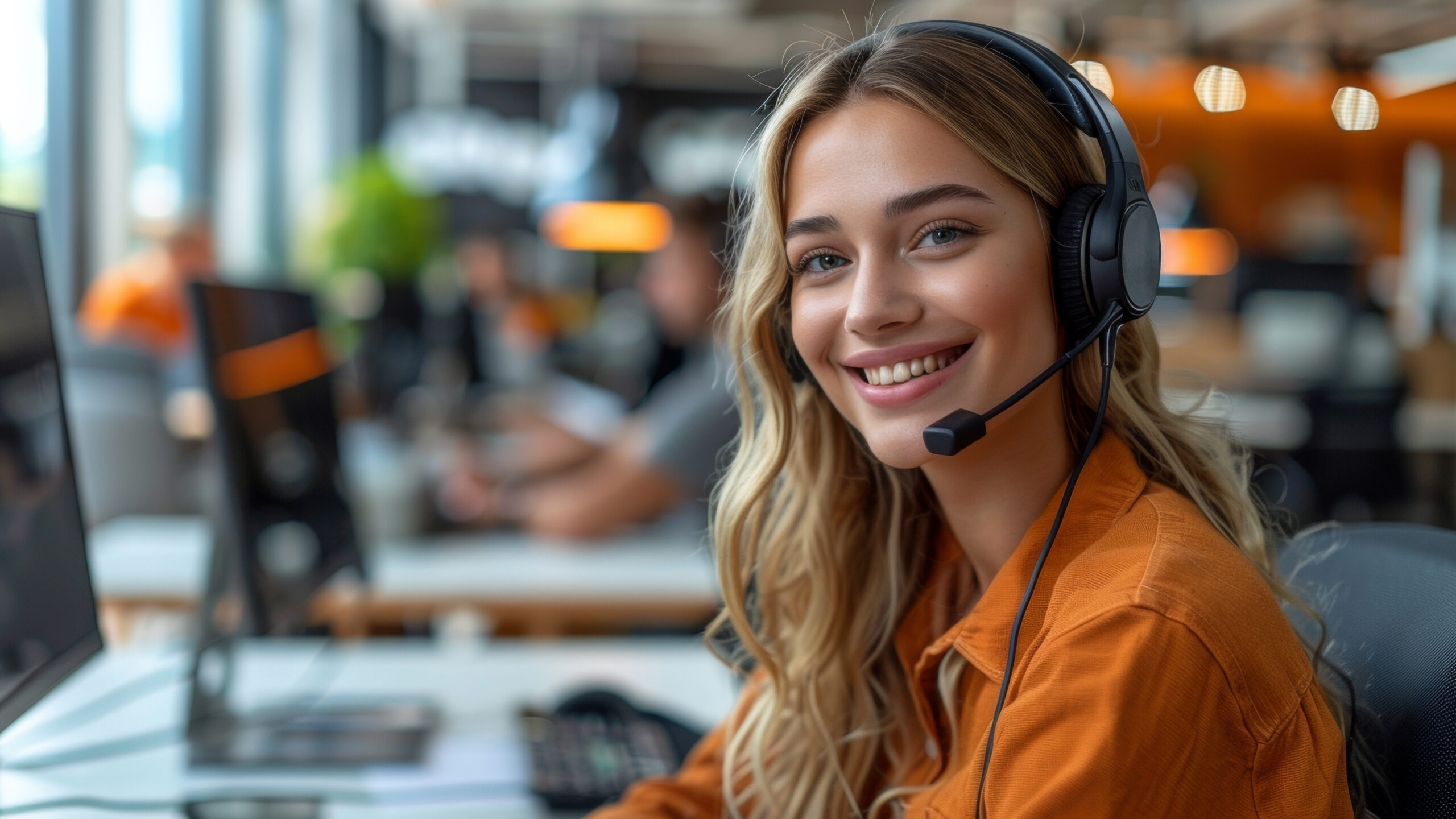 Engaging customer service representative with headset shines with a friendly demeanor at her desk.