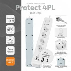 Listwa antyprzepięciowa EVER PROTECT 4PL 1A1C USB