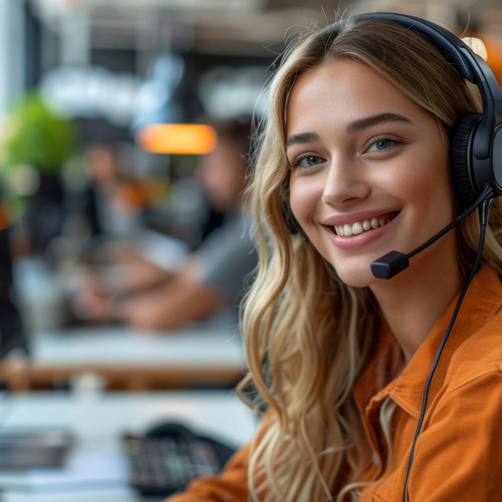 Engaging customer service representative with headset shines with a friendly demeanor at her desk.